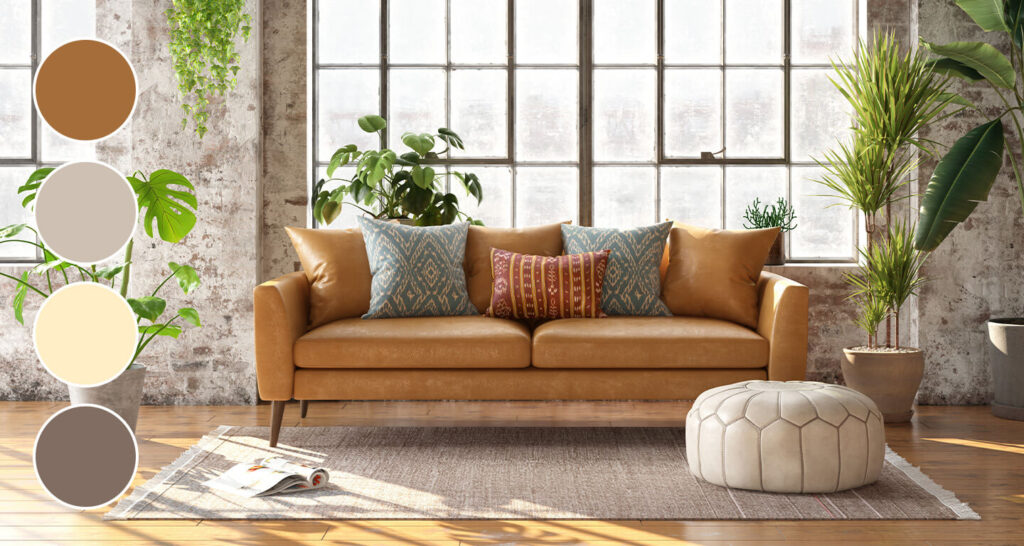brown leather couch in earth neutral living room